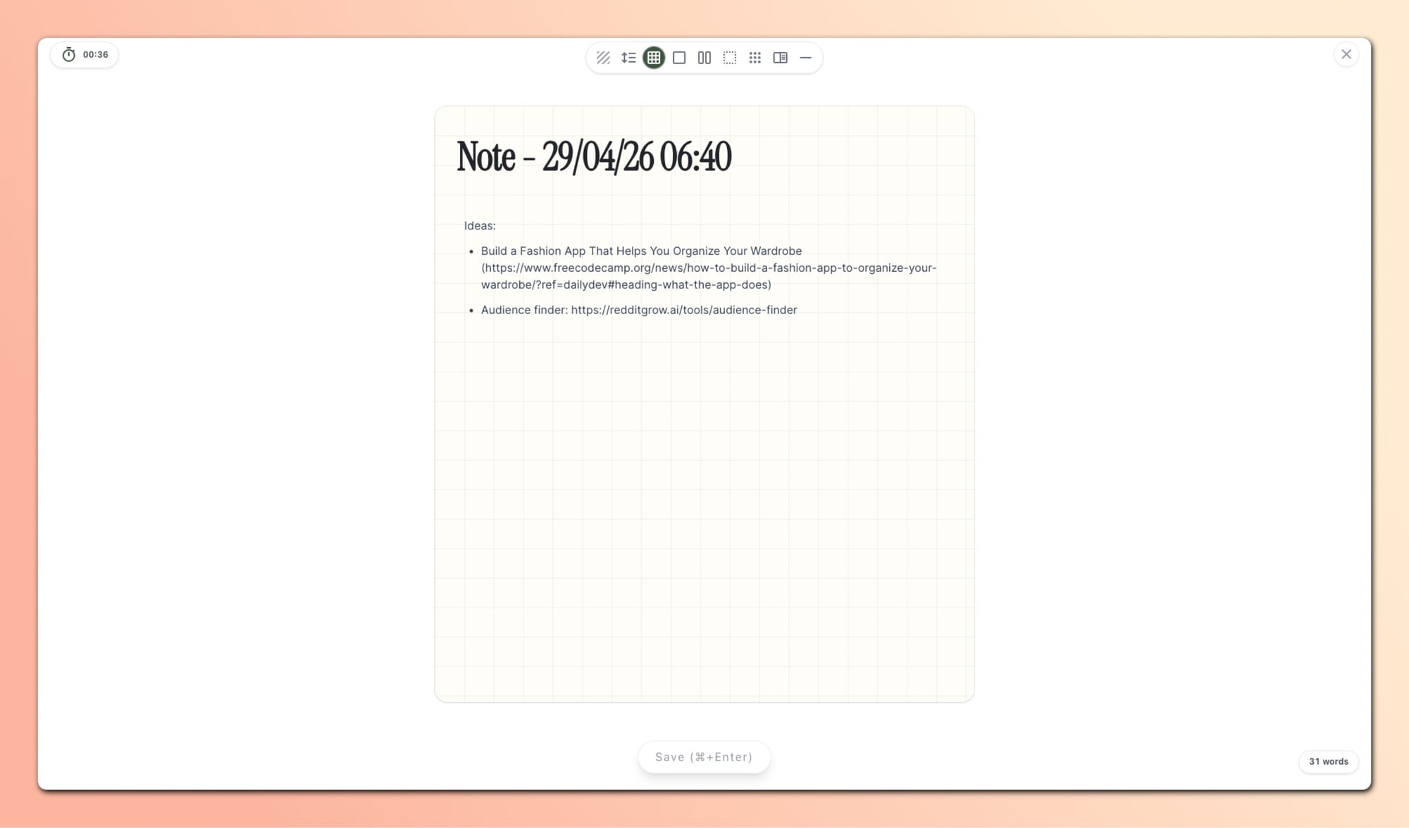 Note-taking interface displaying a timestamped note with project ideas