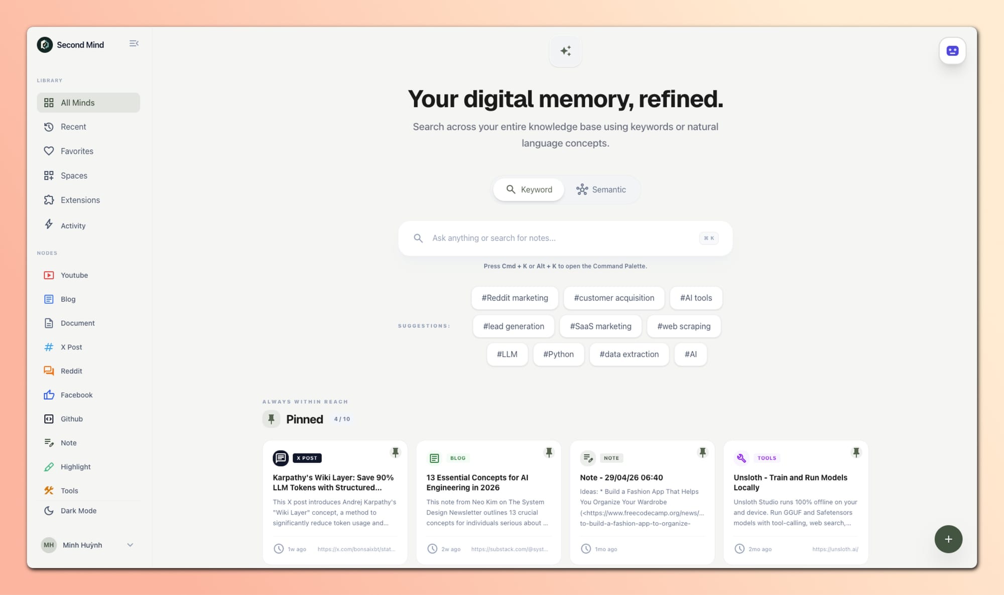 Second Mind main dashboard with search features and pinned content cards