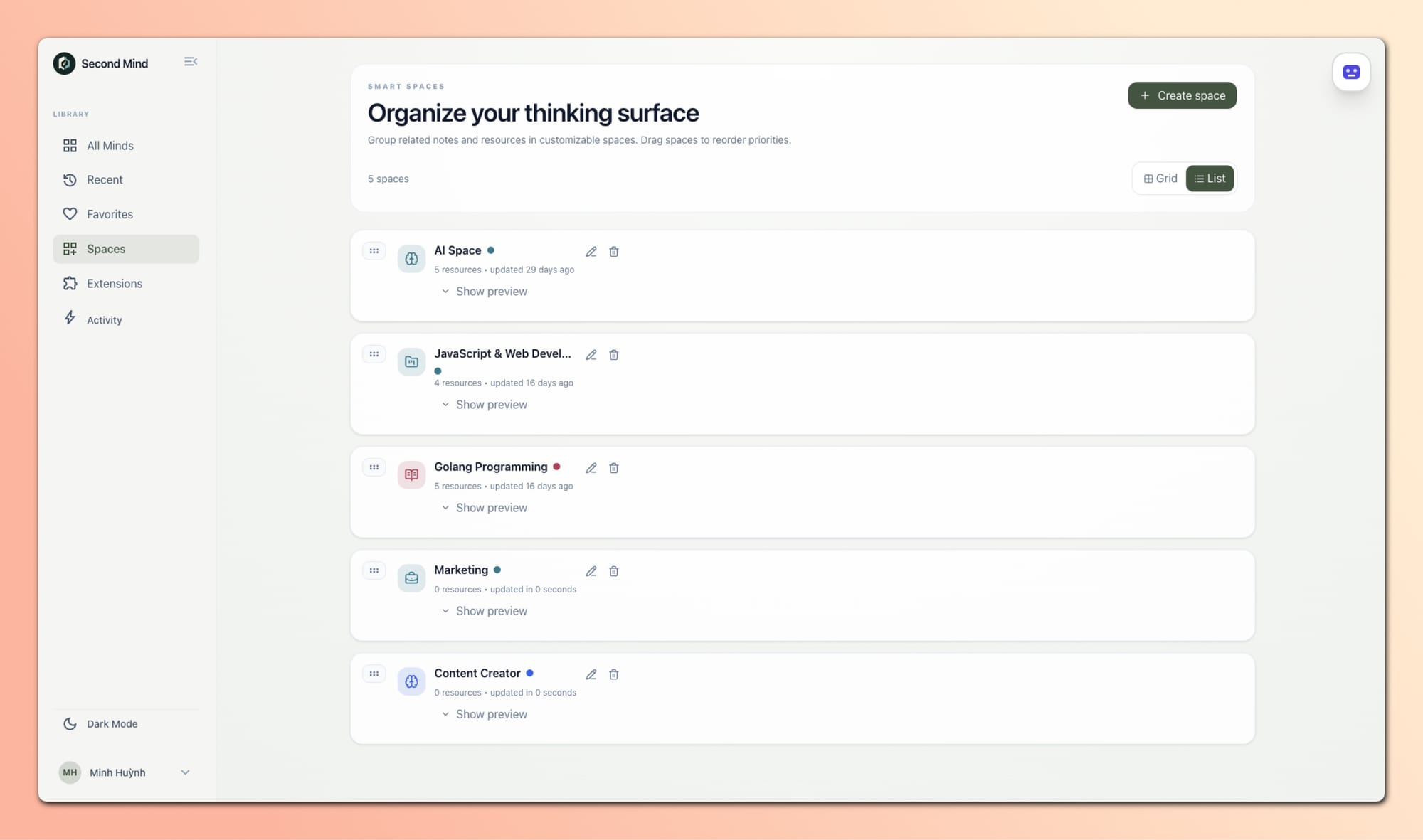 Second Mind Smart Spaces dashboard with five workspace categories