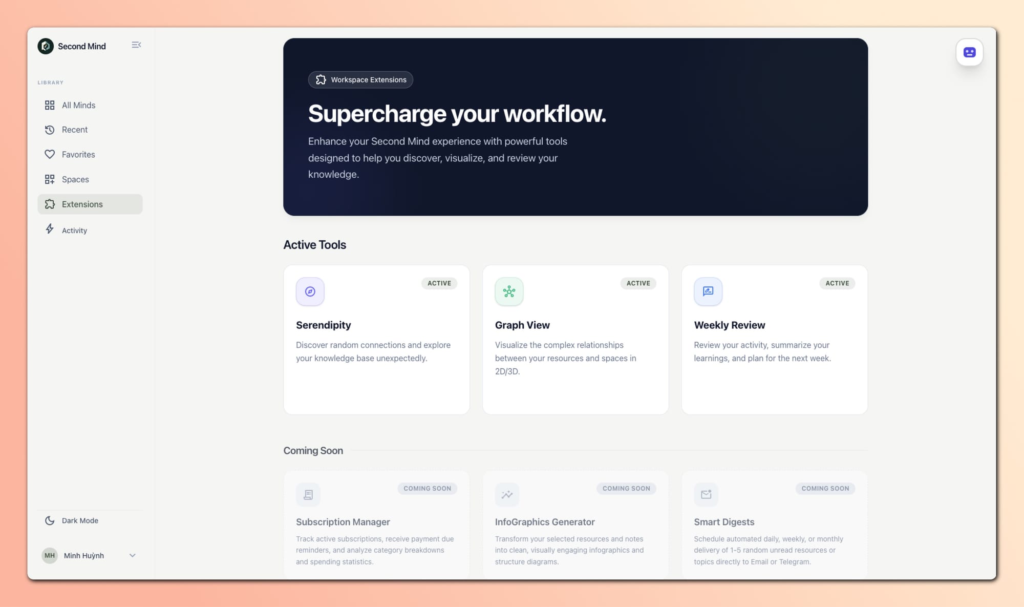 Workspace extensions including Serendipity, Graph View, and Weekly Review tools