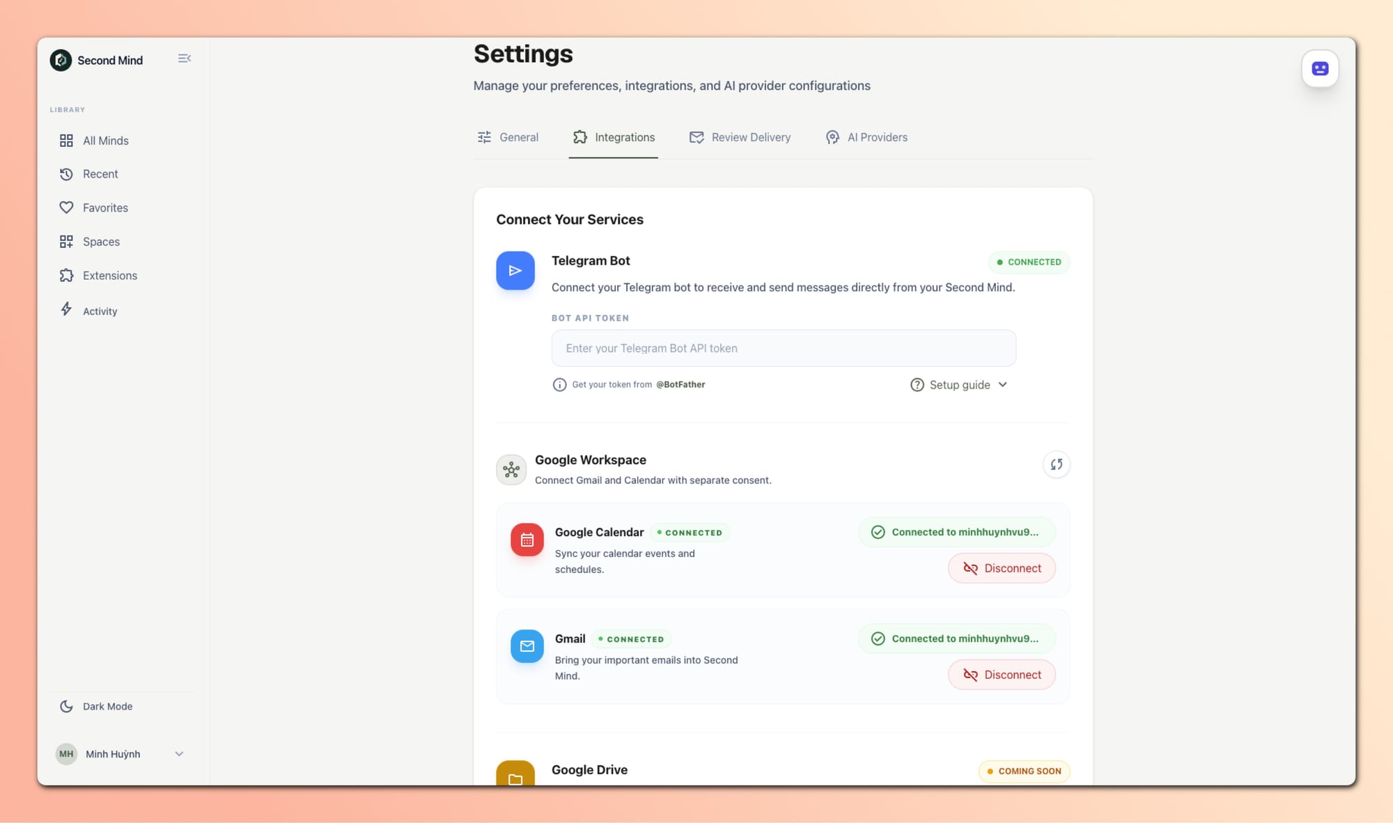 Settings page showing integrations with Telegram, Google Workspace, Calendar, Gmail, and Drive