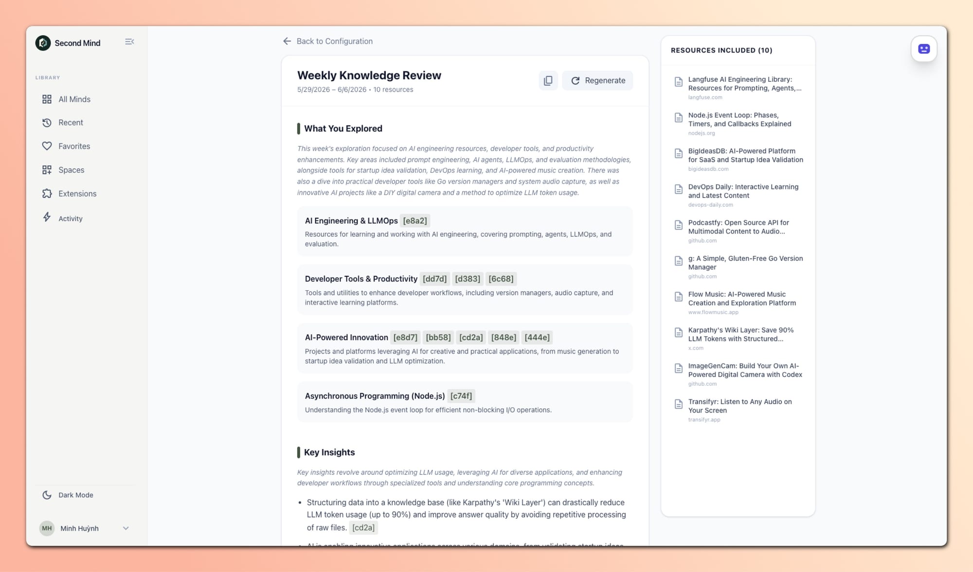 Second Mind weekly knowledge review document with AI engineering resources