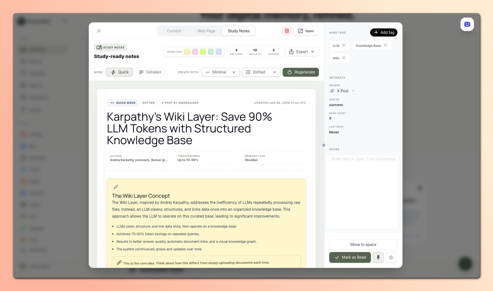 Study notes showing article about Karpathy's Wiki Layer for LLM token optimization