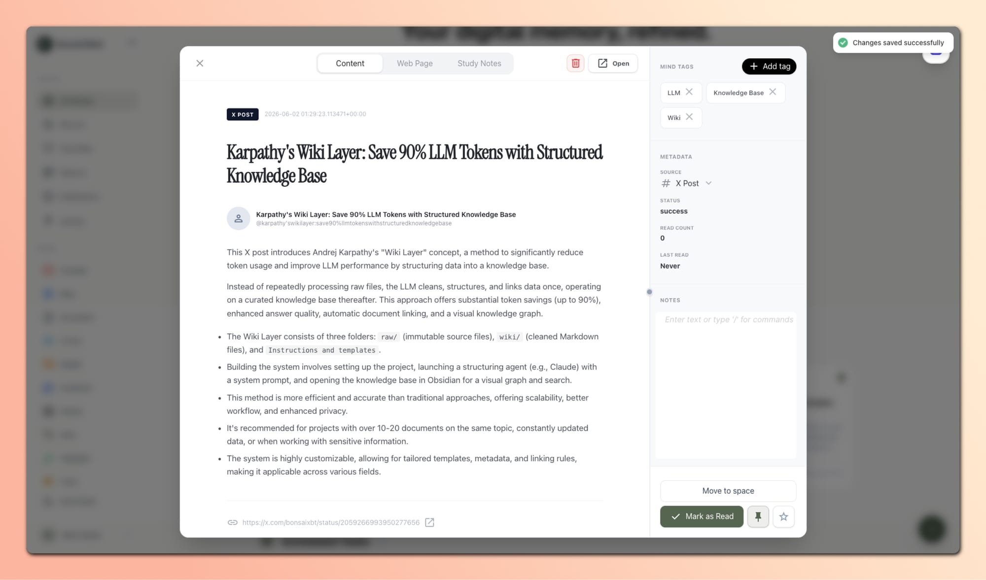 Article view of Karpathy's Wiki Layer concept for saving LLM tokens